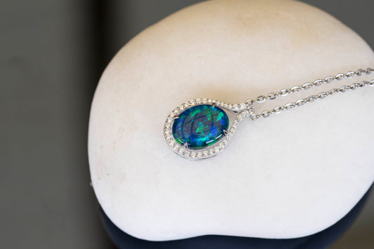 Large Australian Triplet Opal - Halo Cluster Deep Ocean Blue Fire Opal Necklace - Sterling Silver White Gold Plated