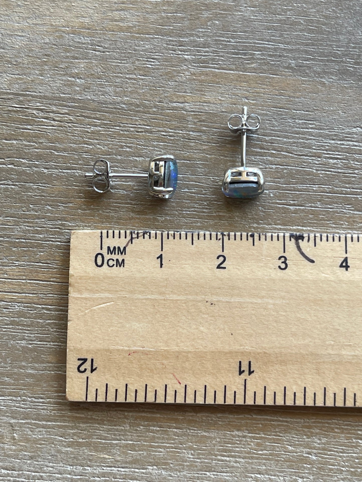 Australian Triplet Opal Earrings - Green Blue Simple Design Opal - Genuine Australian Triplet Opal Earrings in Sterling Silver White Gold Plated