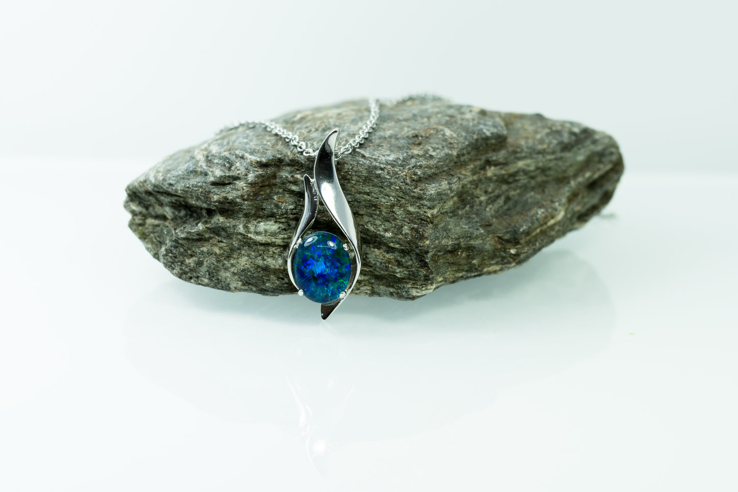 Australian Black Opal Triplet in Ocean Blue Color - Genuine Australian Triplet Opal Necklace Pendant - Elegant Design - White Gold Plated on Sterling Silver Women's Jewelry