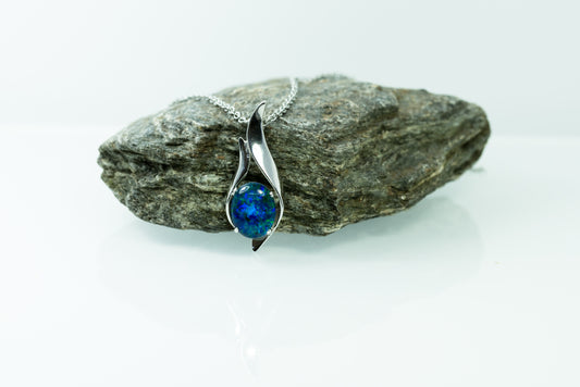 Australian Black Opal Triplet in Ocean Blue Color - Genuine Australian Triplet Opal Necklace Pendant - Elegant Design - White Gold Plated on Sterling Silver Women's Jewelry